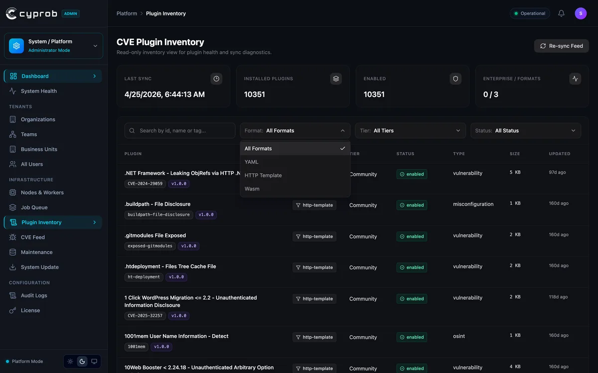 Plugin catalog with format and severity filters