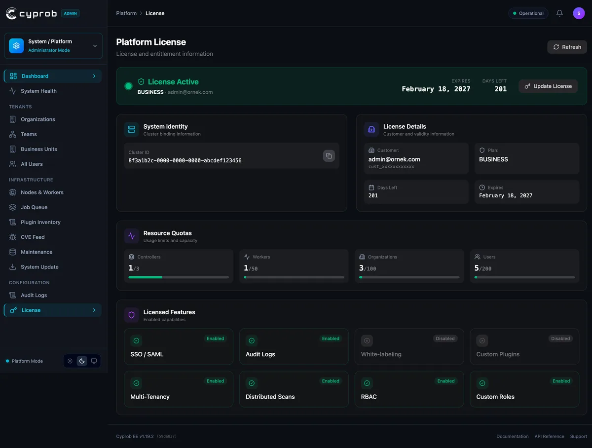 License screen: tier, capacity and term in one place
