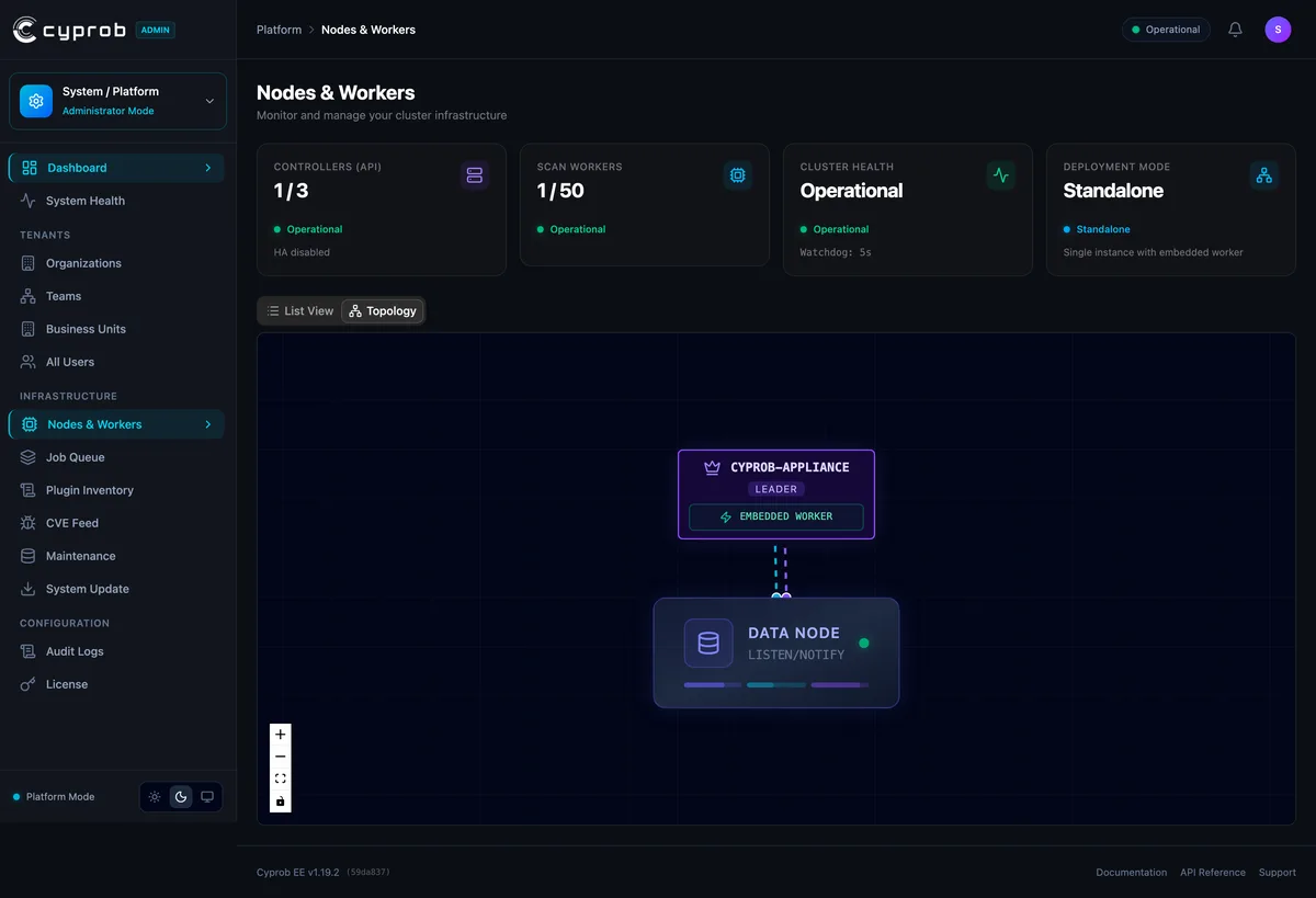 Cluster topology showing the management node and connected scan servers