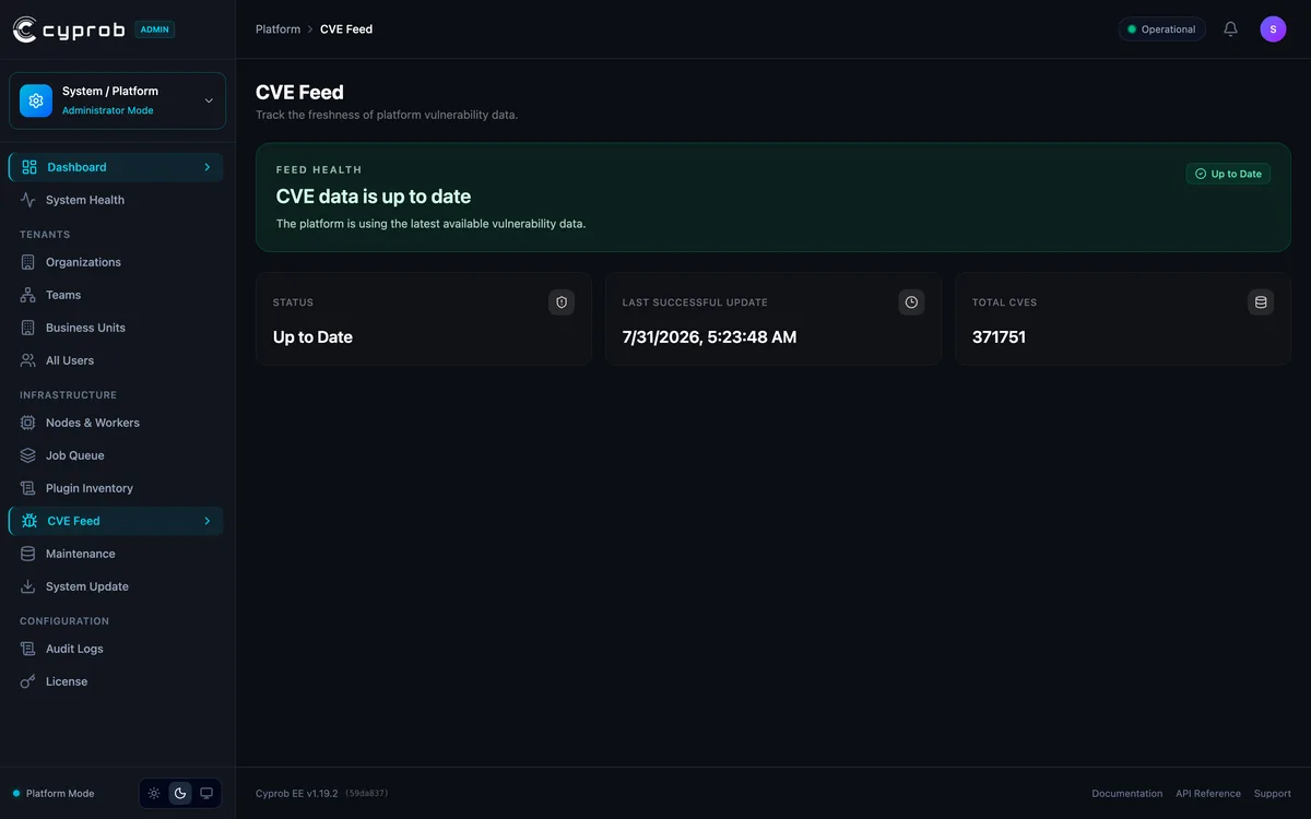 CVE synchronisation screen: catalogue updates are in the product today